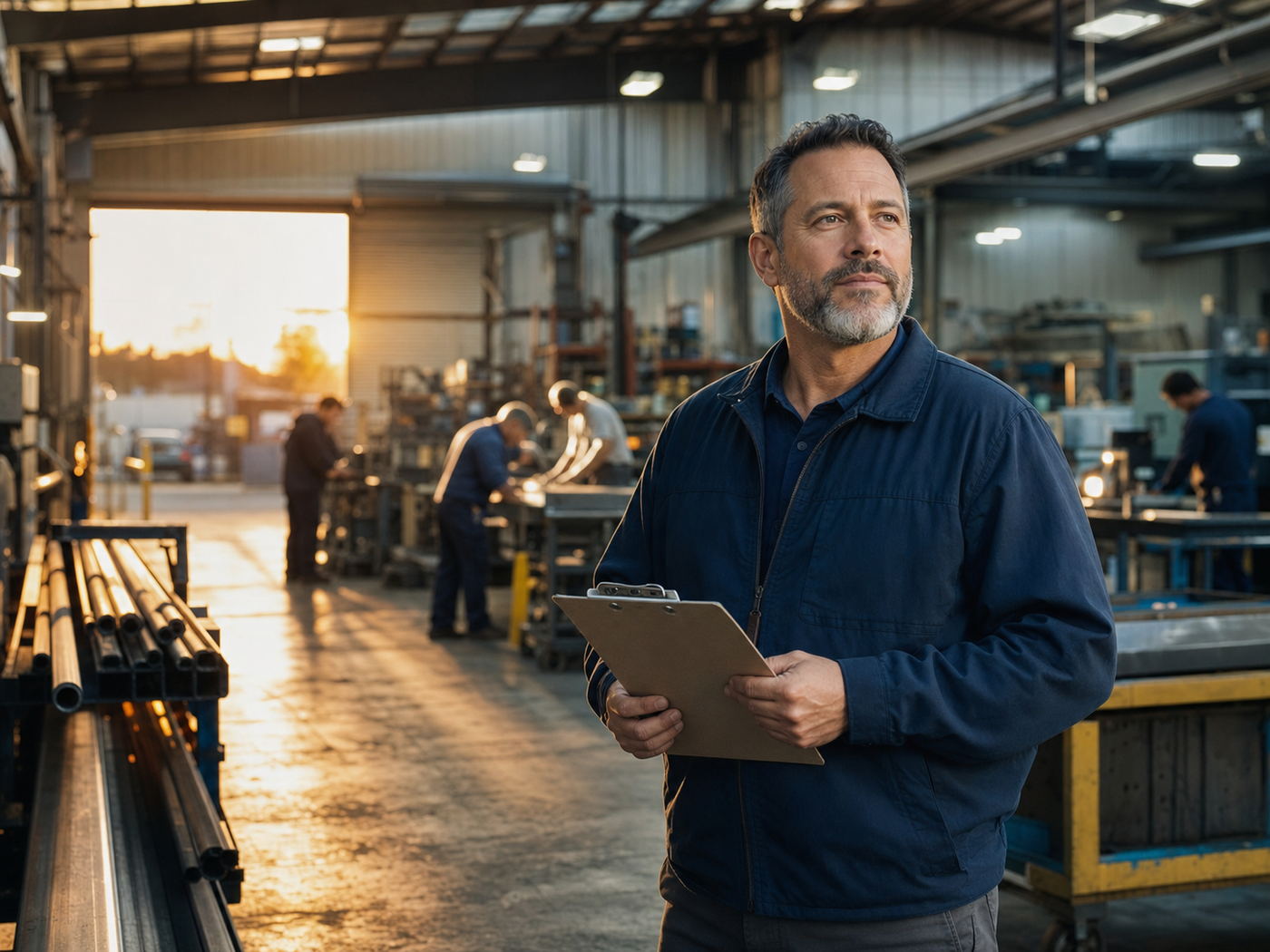 A confident business owner in their workshop at sunrise