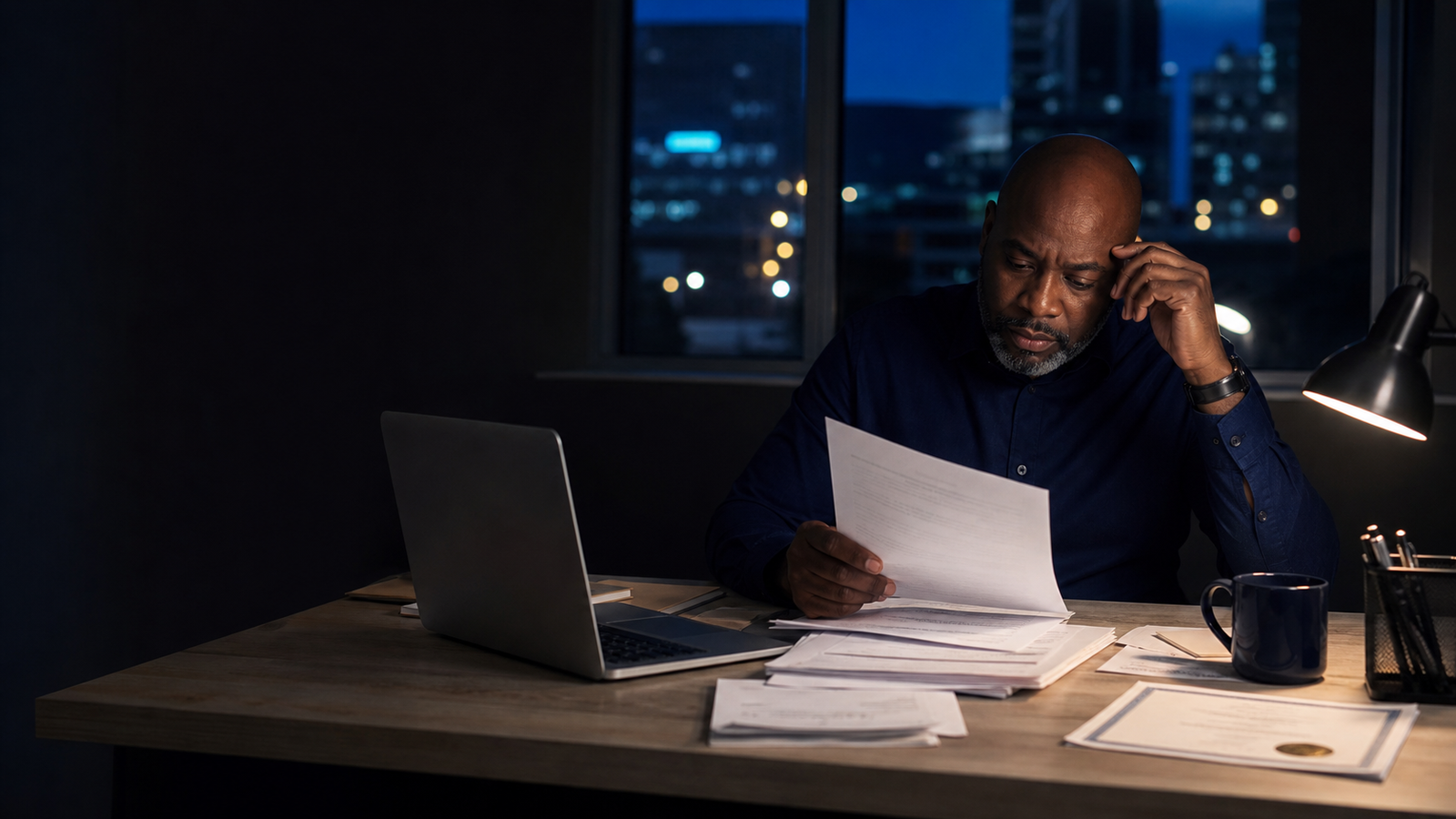 A small-business owner reviewing government paperwork alone at night